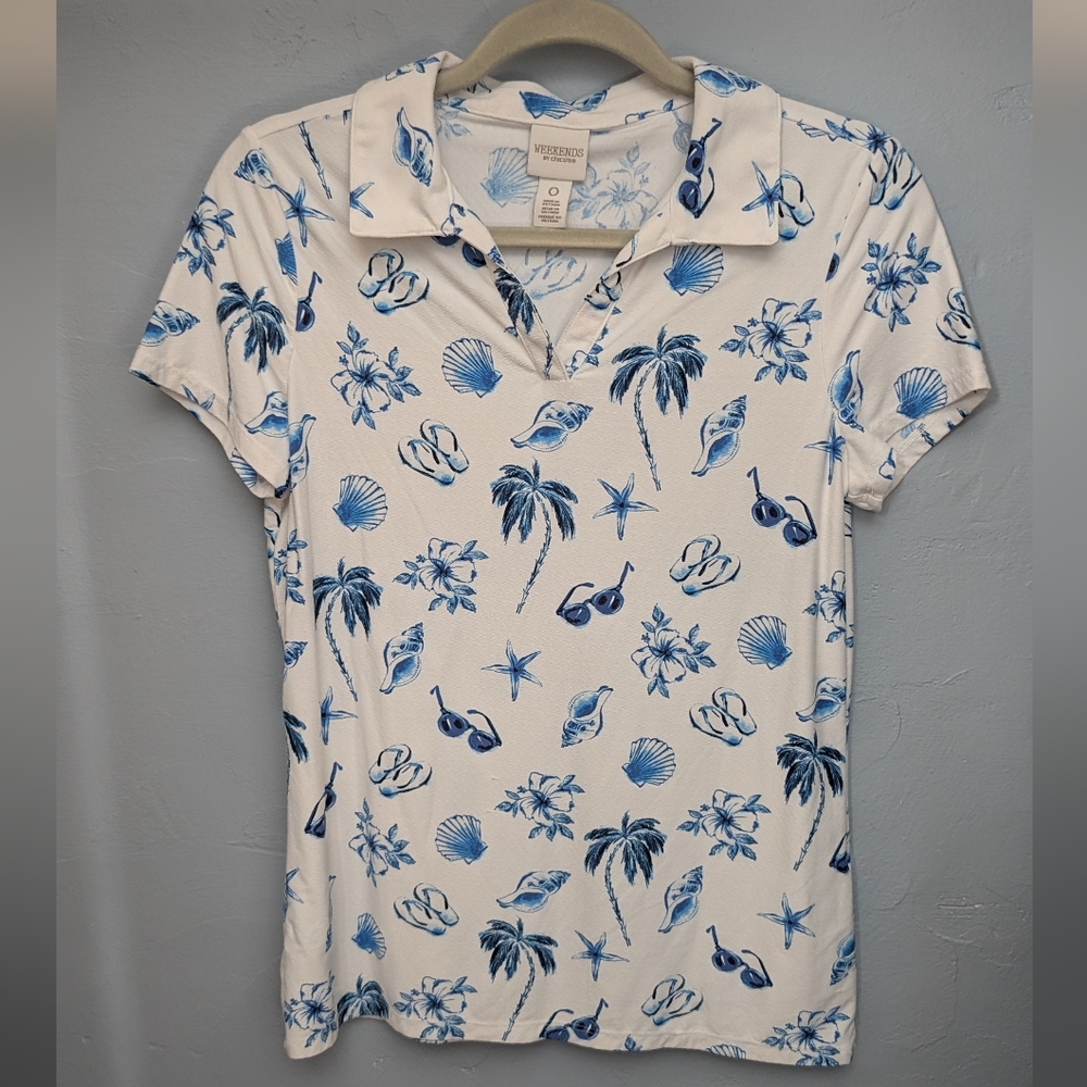 Miami Vice! Sunglasses Shell Starfish Tropical Print Polo